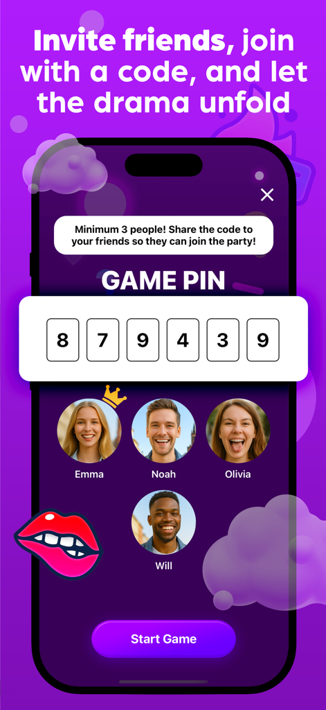 Exposed 2 - Guess who never ? - A mobile app screen showing a numeric game pin to invite friends and a lobby with four joined players