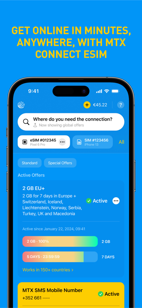 MTX Connect app interface showing an active 2GB data plan for Europe and an active SMS mobile number.