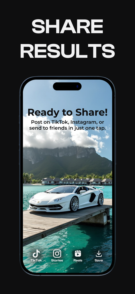 Car Editor - Customize Car - Uno schermo che mostra le opzioni di condivisione sui social media per TikTok, Storie di Instagram e Reels con una lussuosa auto sportiva bianca sullo sfondo.