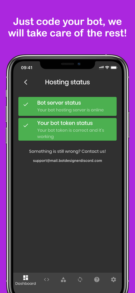 A smartphone screen displaying the hosting status of a Discord bot with active server and token indicators.