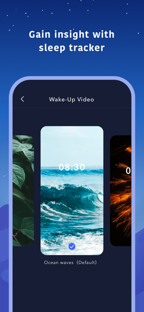 Bildschirm der Better Sleep App, der eine Auswahl an entspannenden Video-Themen für den intelligenten Wecker zeigt.