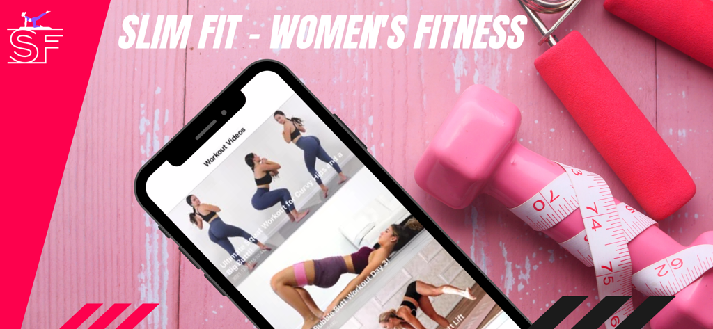 Slim Fitness - Butt Workouts - Aplicación Slim Fitness mostrando videos de ejercicios de glúteos en un iPhone con equipo de fitness rosa