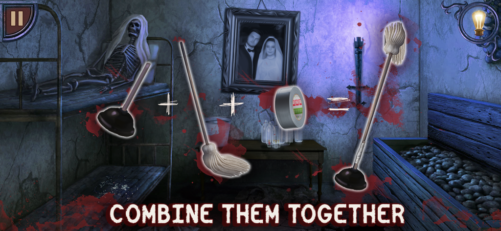 A gameplay screenshot of a horror escape game showing a puzzle where players combine a plunger, broom, and duct tape in a spooky room with a skeleton