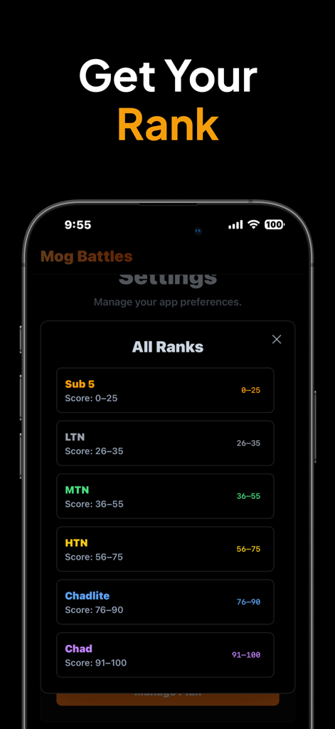 Skinmaxx - Get Scores & Ascend - Skinmaxx app screen displaying user rank tiers from Sub 5 to Chad based on scores