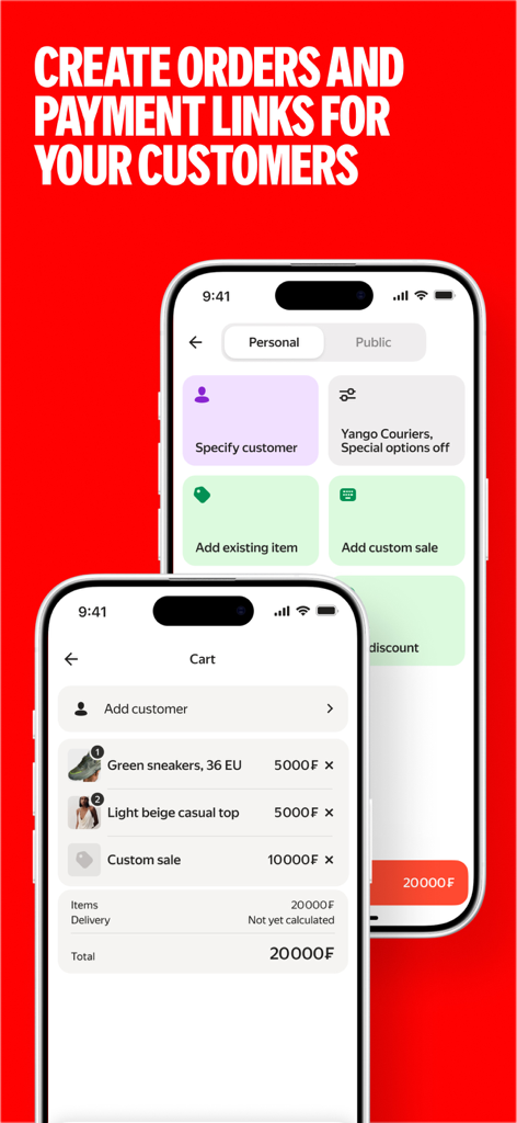 Yango Business - Interface do aplicativo Yango Business mostrando o processo de criação de pedidos e gerenciamento do carrinho de compras