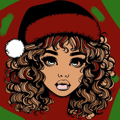realistic girl with a santa hat curly hair and lips