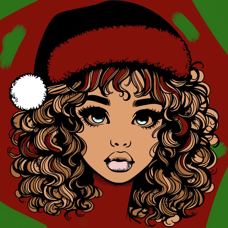 realistic girl with a santa hat curly hair and lips