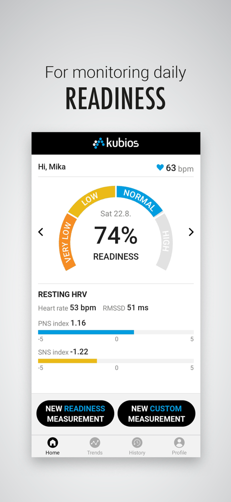 Kubios HRV - Daily Readiness - Kubios HRV app dashboard displaying daily readiness percentage and physiological recovery metrics including PNS and SNS indices