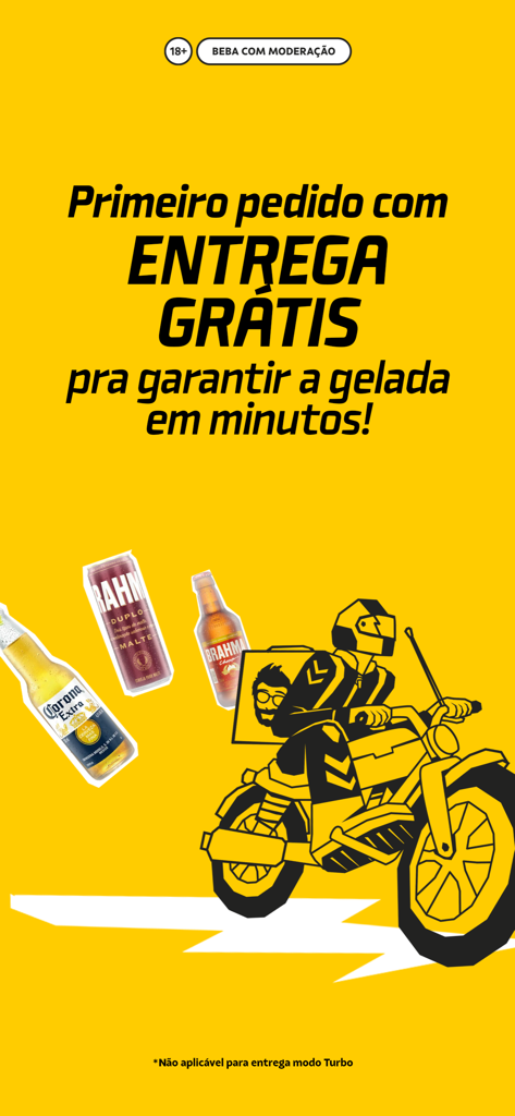 Zé Delivery de Bebidas - Promotional screen of Ze Delivery app offering free delivery on the first order of cold drinks delivered by motorcycle