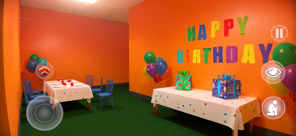 Backrooms: Level Fun - 알록달록한 'Happy Birthday' 글자가 벽에 쓰여 있고 축제 분위기의 파티 장식이 있는 밝은 오렌지색 방, Backrooms Level Fun.
