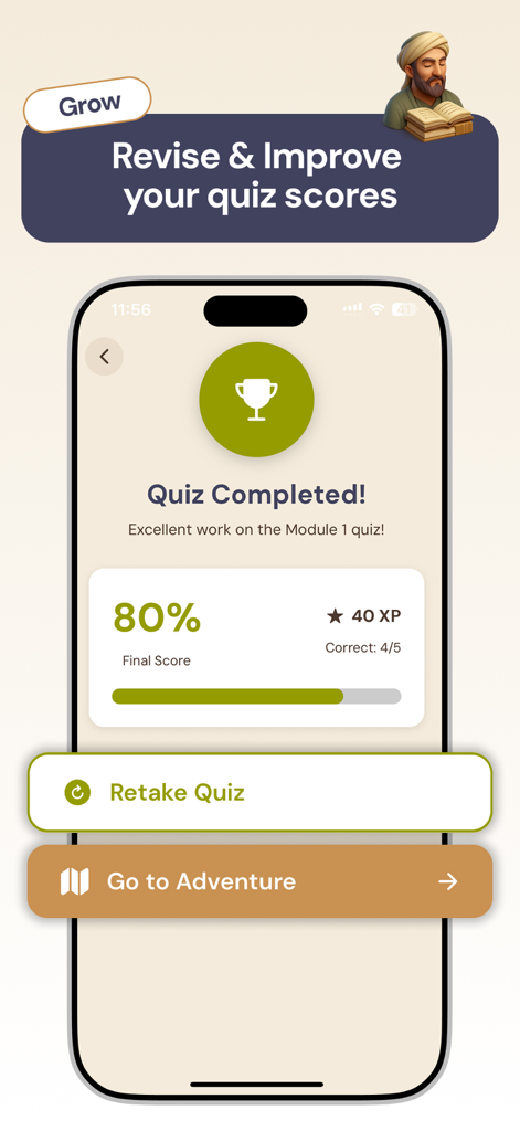 Archives - Islamic History - Una pantalla de resultados de cuestionario de la aplicación Archivos que muestra una puntuación del 80 por ciento y 40 XP obtenidos en la aplicación Archivos de Historia Islámica.