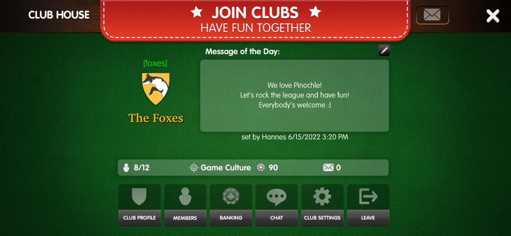 Der Club-Haus-Bildschirm in Pinochle Palace, der ein Club-Profil namens The Foxes mit Optionen für Chat und Community-Interaktion zeigt