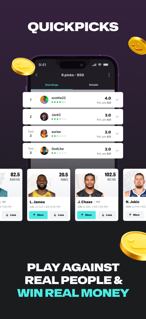 Splash Sports | Survivor & DFS - Splash Sports app interface for QuickPicks showing a leaderboard and player prediction cards for NBA and NFL