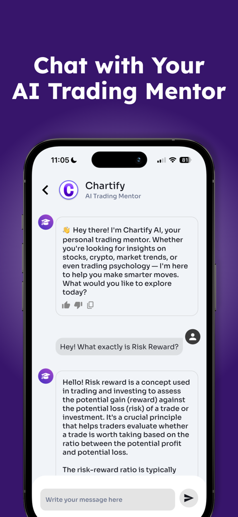 Chartify app interface featuring an AI trading mentor answering a question about risk reward.