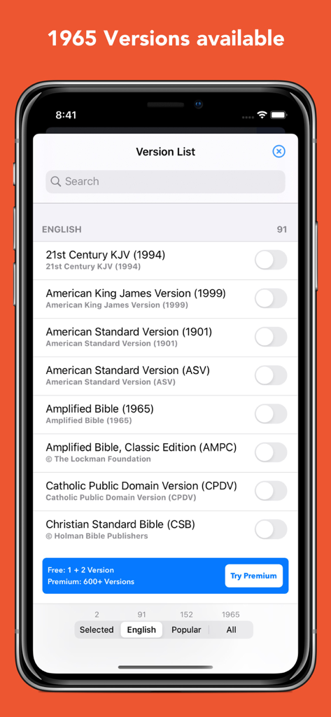 List of English Bible versions in the Bible InspiringLife app.