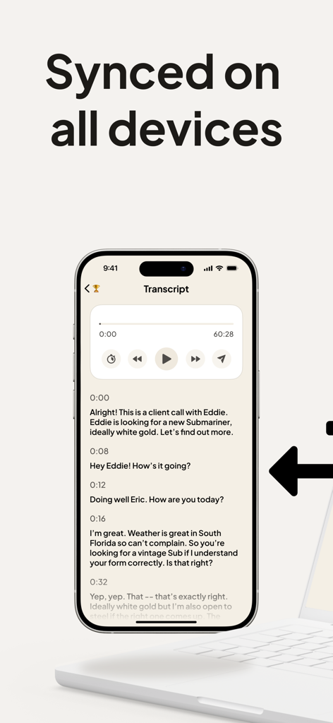 Coconote - AI Note Taker - Coconote 앱 인터페이스, 스마트폰과 노트북 간에 동기화된 강의 전사본 표시