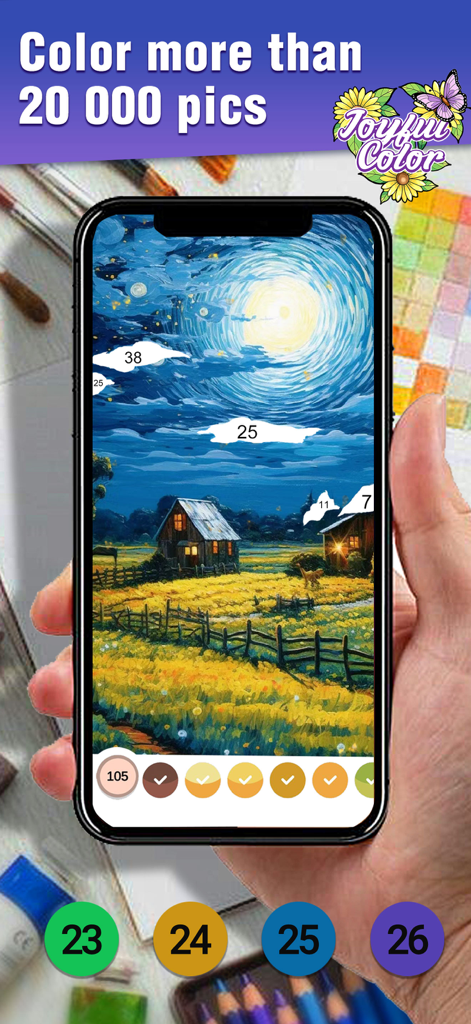 Joyful Color - Smartphone displaying Joyful Color app with a landscape scene being colored by numbers.