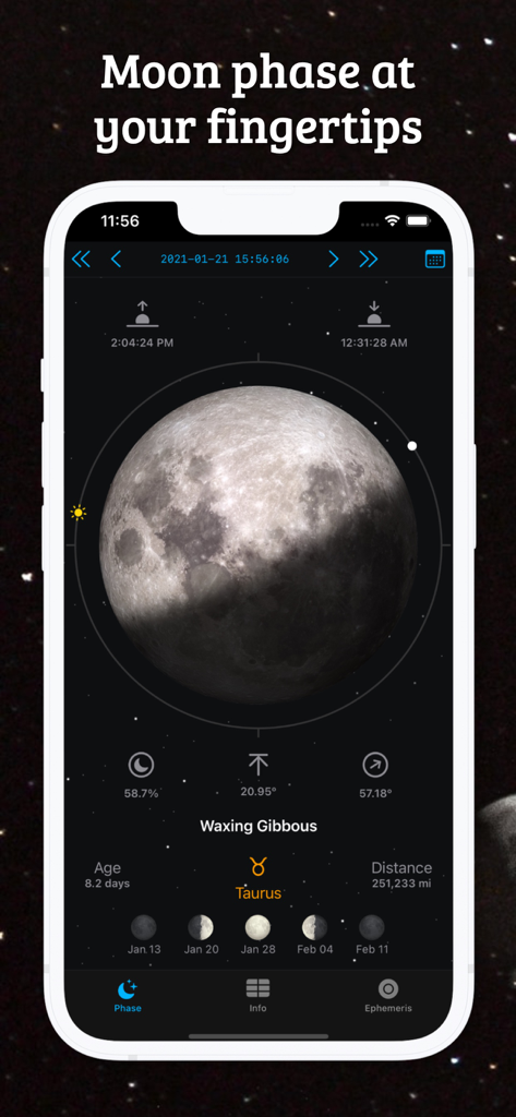 Moon Phase Calendar LunarSight - 月相カレンダー LunarSightアプリのインターフェース。詳細な天文学データと共に、満ちく月相が表示されています。