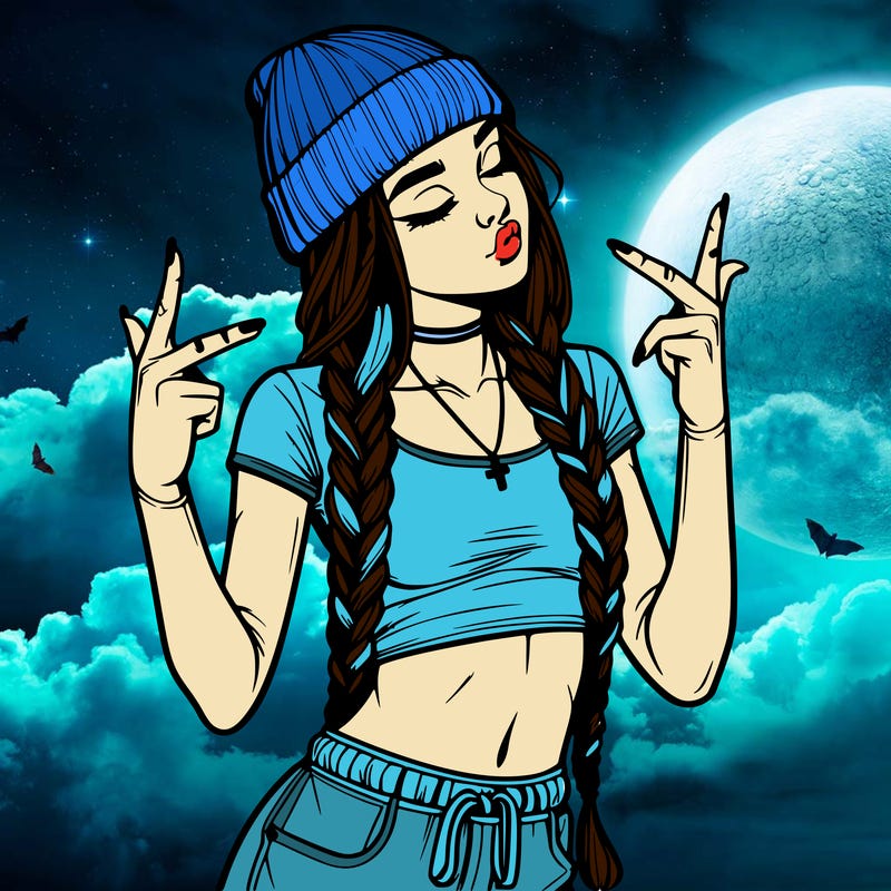 realistic teenage girl with braids and a beanie and crop top doing 🫶🏼