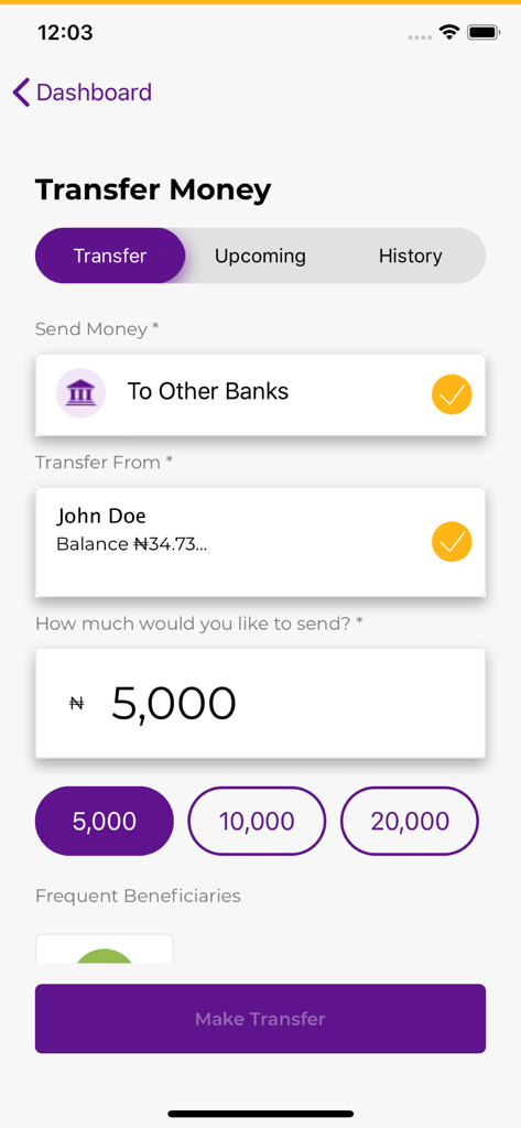 FCMB Mobile - FCMB Mobile app interface showing the transfer money screen with Nigerian Naira currency options