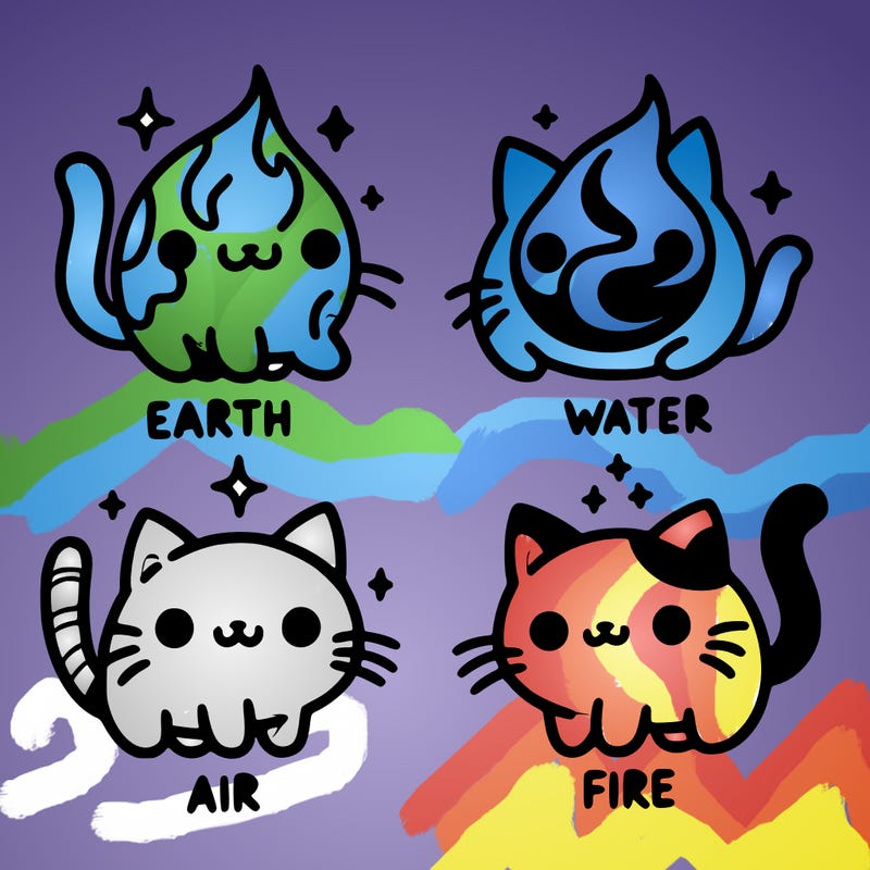 4 cats that represent the different elements, earth, water, air, and fire