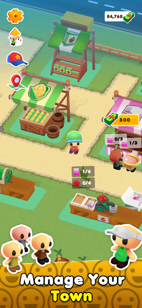 Un personnage gérant un marché avec des étals de maïs et de pommes dans MicroTown.io