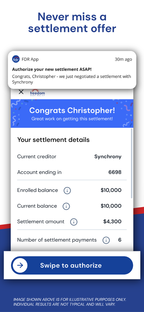 Freedom Debt Relief app interface showing a settlement offer detail with a swipe to authorize button