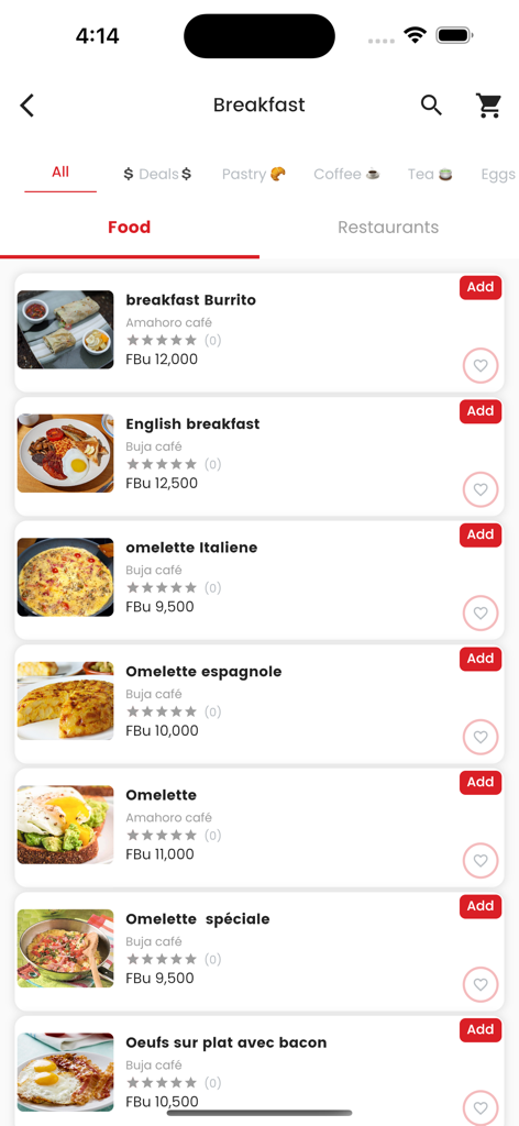 Una lista de menú de opciones de desayuno en la aplicación móvil Baza Burundi que muestra tortillas y burritos de restaurantes locales