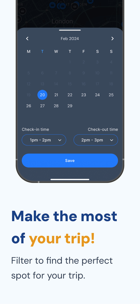 Stasher Luggage Storage - 수하물 보관을 위한 체크인 및 체크아웃 시간 선택 및 달력을 보여주는 Stasher의 모바일 앱 인터페이스