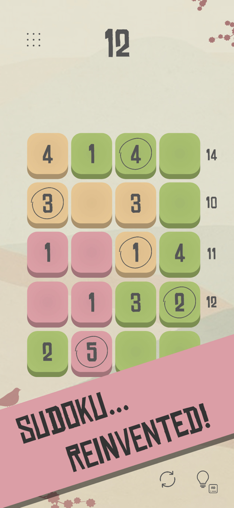 • zenku • - Gameplay screenshot of Zenku logic puzzle showing a grid with numbers and colored tiles with the text Sudoku reinvented