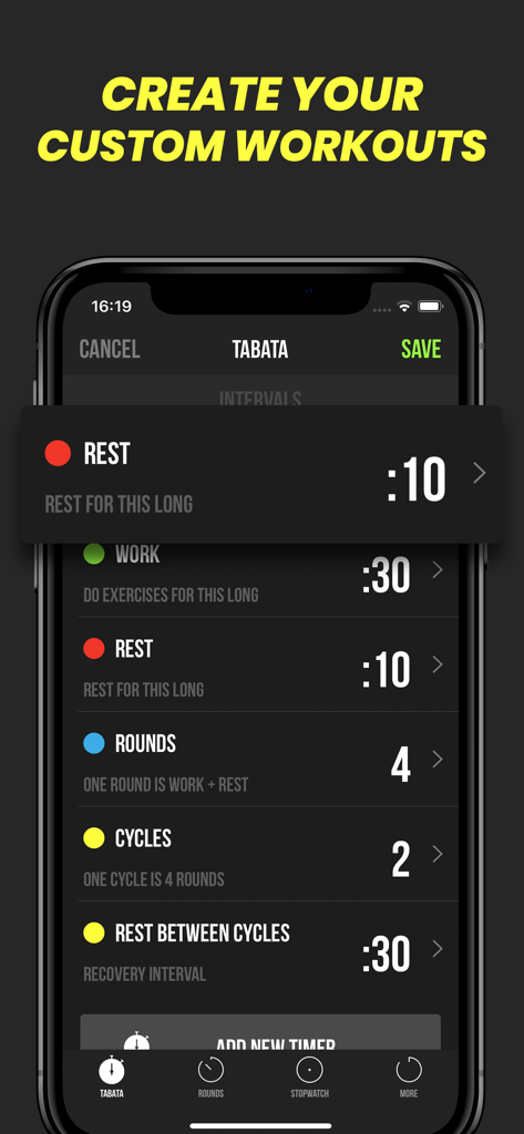 Screen for creating custom Tabata and HIIT workouts in the Timer Plus app