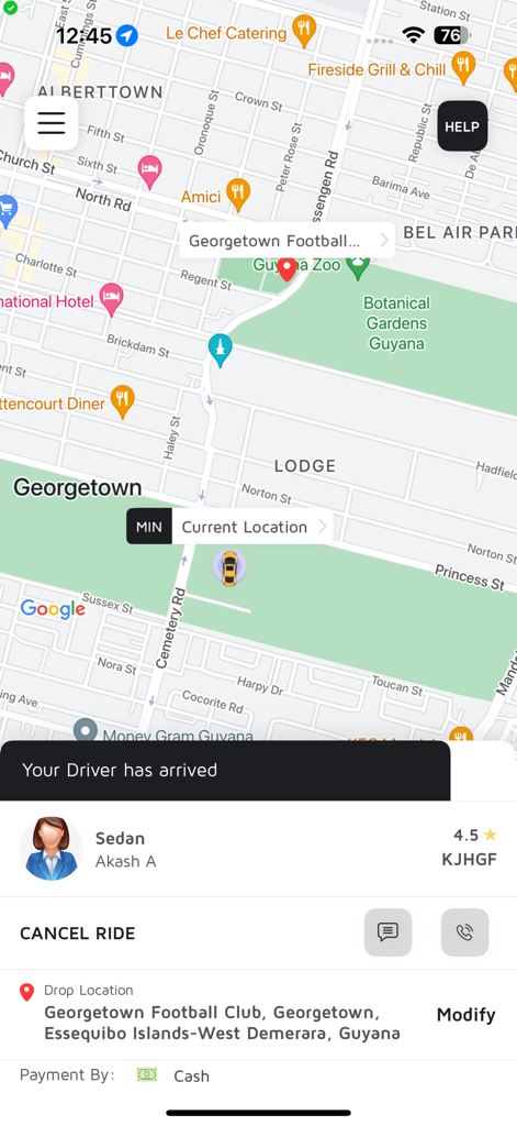 Scoop Ride Customer - Scoop Ride app screen showing a map of Georgetown with a notification that the driver has arrived and car details.