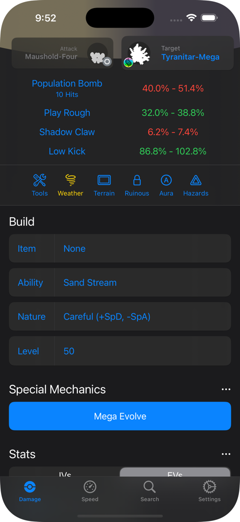 Damage Calculator - Damage Calculator mobile interface showing move damage percentages between Maushold and Tyranitar including build details like nature and ability