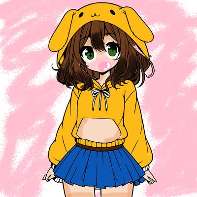 pretty anime girl wearing a fluffy hoodie with bunny ears on the hood and a skirt