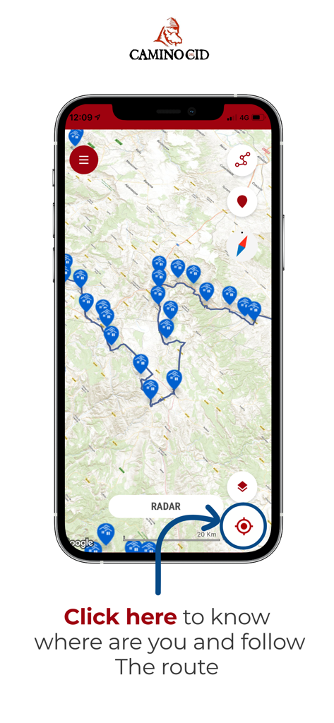 Camino del Cid App-Oberfläche zeigt eine Wanderroute mit GPS-Standortverfolgung und interessanten Punkten auf einer Karte