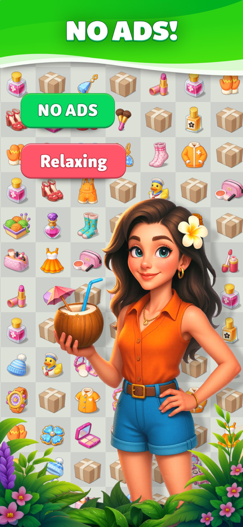 Merge Travel: Build Dream Town - A female character holding a tropical coconut drink in front of a merge game board with the text No Ads and Relaxing.