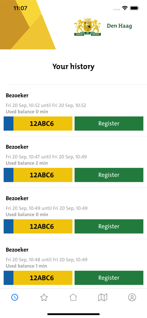Parkverlaufsbildschirm in der Parkeren Den Haag App, der registrierte Besucher-Kennzeichen und Registrierungsoptionen anzeigt