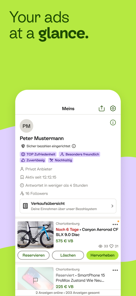 Kleinanzeigen - without eBay - Panel de perfil de usuario en la app Kleinanzeigen que muestra calificaciones de vendedores y anuncios clasificados publicados.