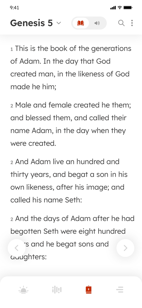 Bible - Daily Bible KJV - Interfaz de la aplicación de la Biblia mostrando el texto de la Versión King James del capítulo 5 del Génesis