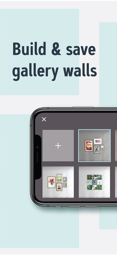 Pantalla de smartphone mostrando el constructor de paredes de galería y las composiciones guardadas en la aplicación Wallary