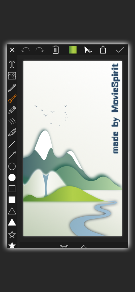 MovieSpirit - Movie Maker Pro - MovieSpirit app interface showing creative drawing and shape tools with a stylized mountain landscape.