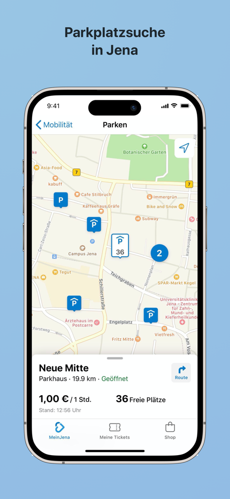 MeinJena ... meine App. - A smartphone displaying the MeinJena app showing a map with available parking spots and prices in Jena Germany