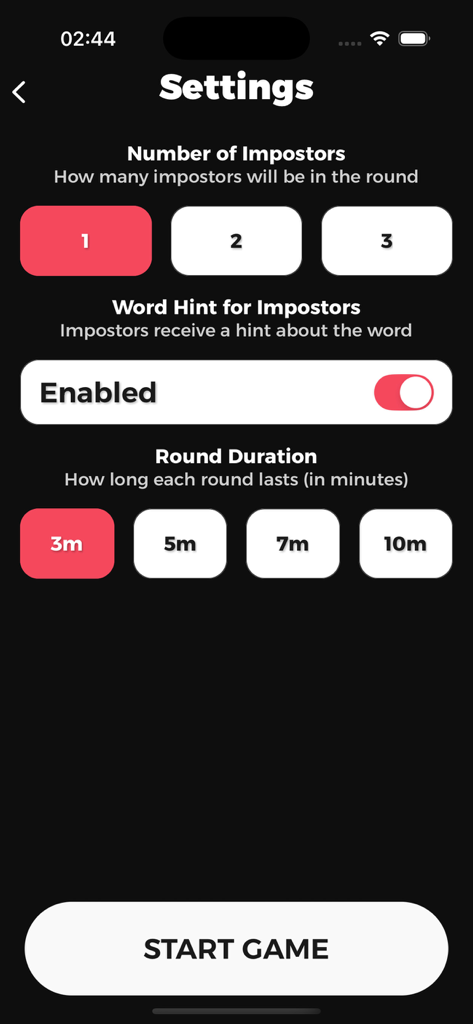 Settings screen of the Fakeit app showing options for number of impostors and round duration