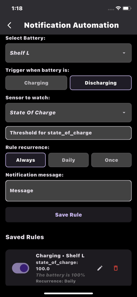 Notification automation screen for setting custom battery alerts and state of charge thresholds in the CEPOWER JKBMS Monitor app