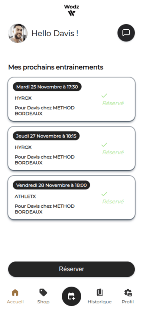 Wodz - Mobile dashboard of the Wodz app showing a user's scheduled fitness classes and booking options.