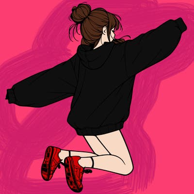 realistic girl jumping with a bun and oversized sweatshirt