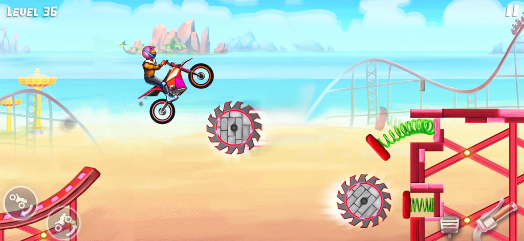 Moto Bike Race Motorcycle Game - Um piloto de motocross realizando um salto sobre obstáculos de lâmina de serra giratória em um nível com tema de praia.