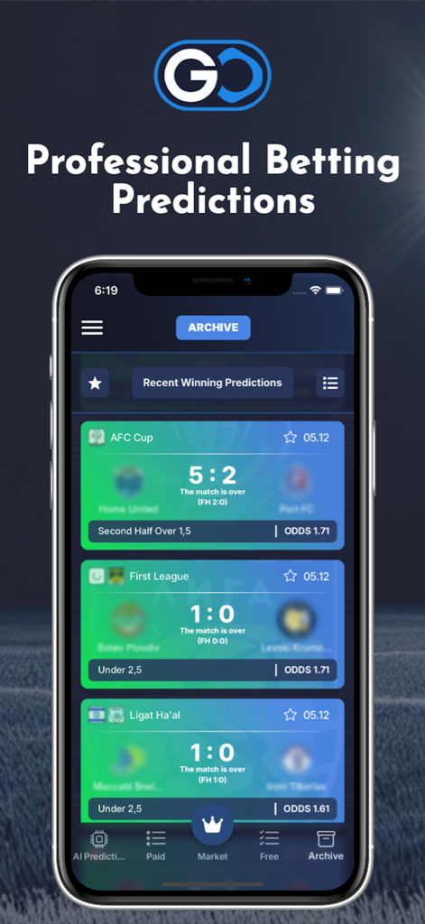 Go Betting Tips & Predictions - Go Betting Tips app interface showing recent winning soccer match predictions and professional odds.