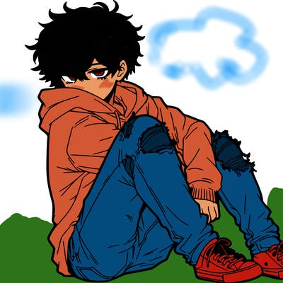 a male hoddie ripped jeans messy hair anime