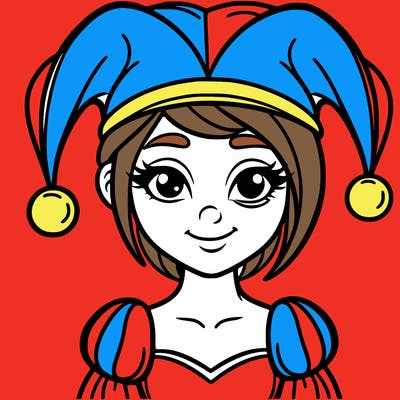 pomni  a girl who wears a jester costume, has blue and red eyes and has white skin. age 25